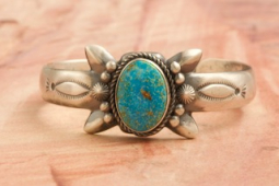Navajo Jewelry Genuine Kingman Turquoise Burnished Sterling Silver Bracelet